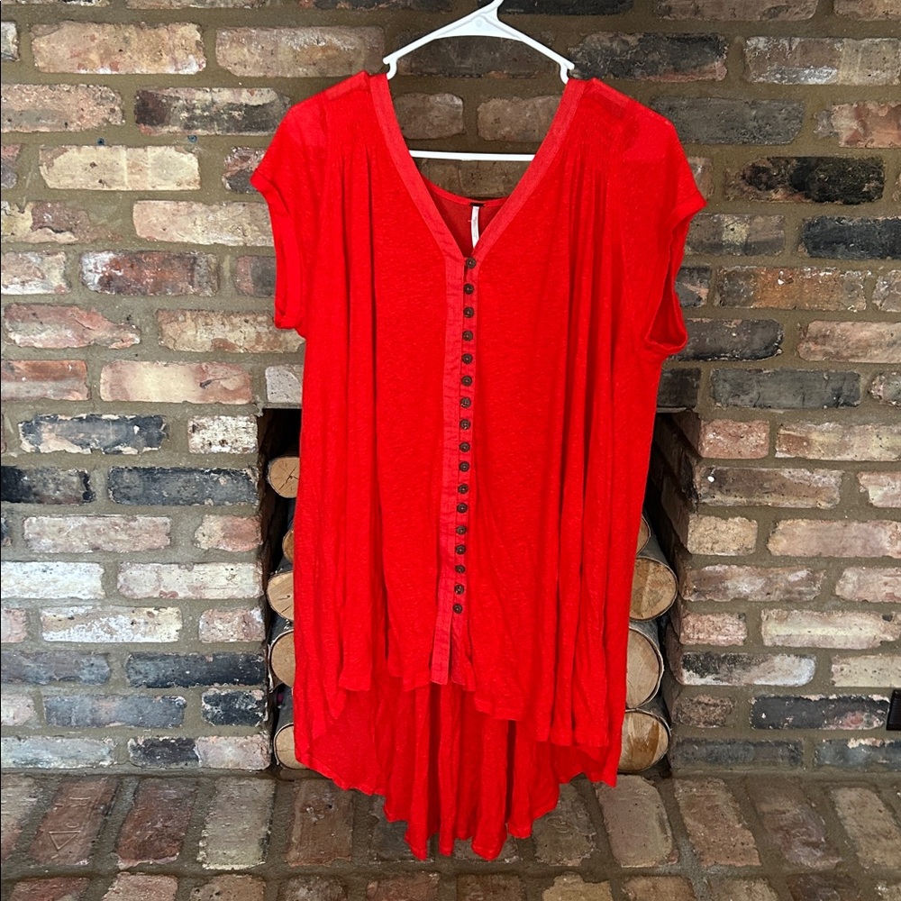 Free People Vibrant Redish Orange Button-Down Tunic